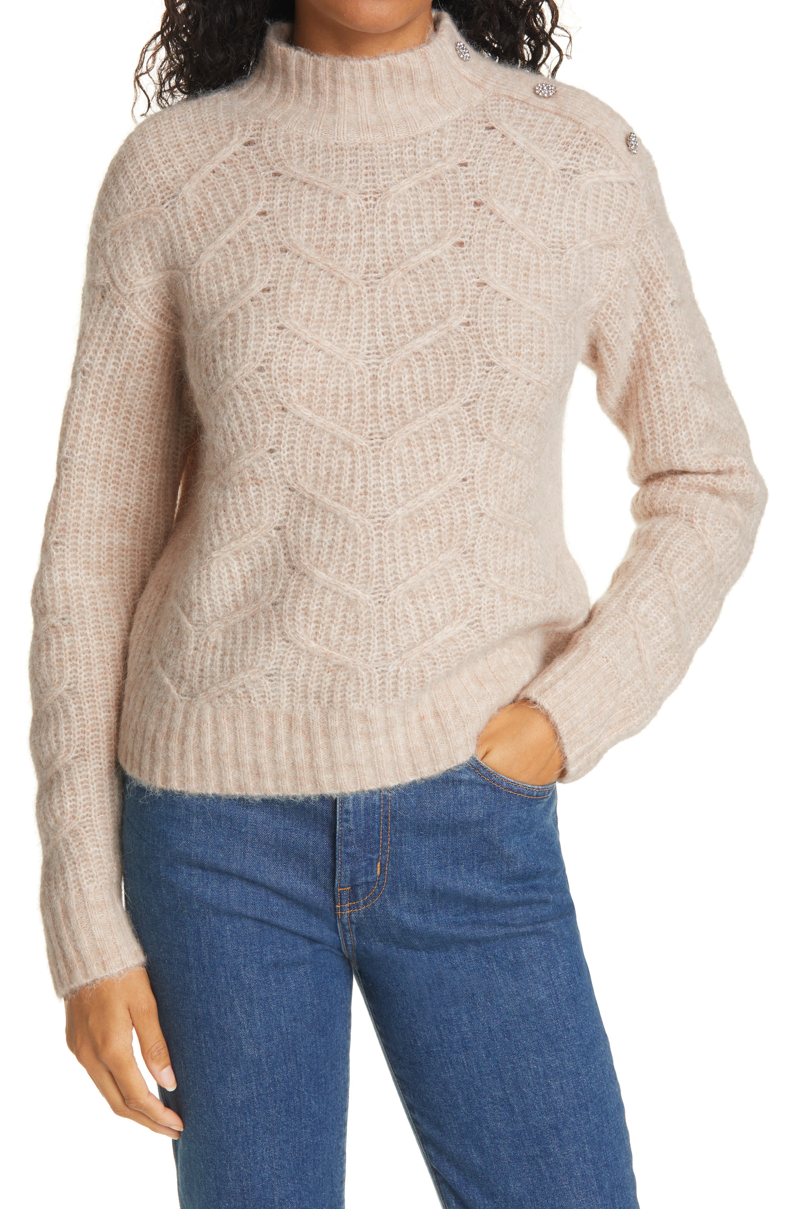 TED BAKER RHINESTONE BUTTON WOOL & ALPACA BLEND CABLE SWEATER,5059489212966