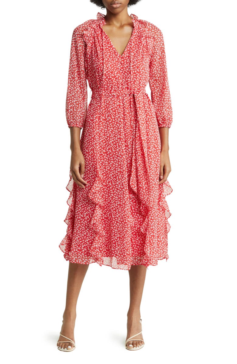 Karl Lagerfeld Paris Floral Ruffle Balloon Sleeve Chiffon Midi Dress