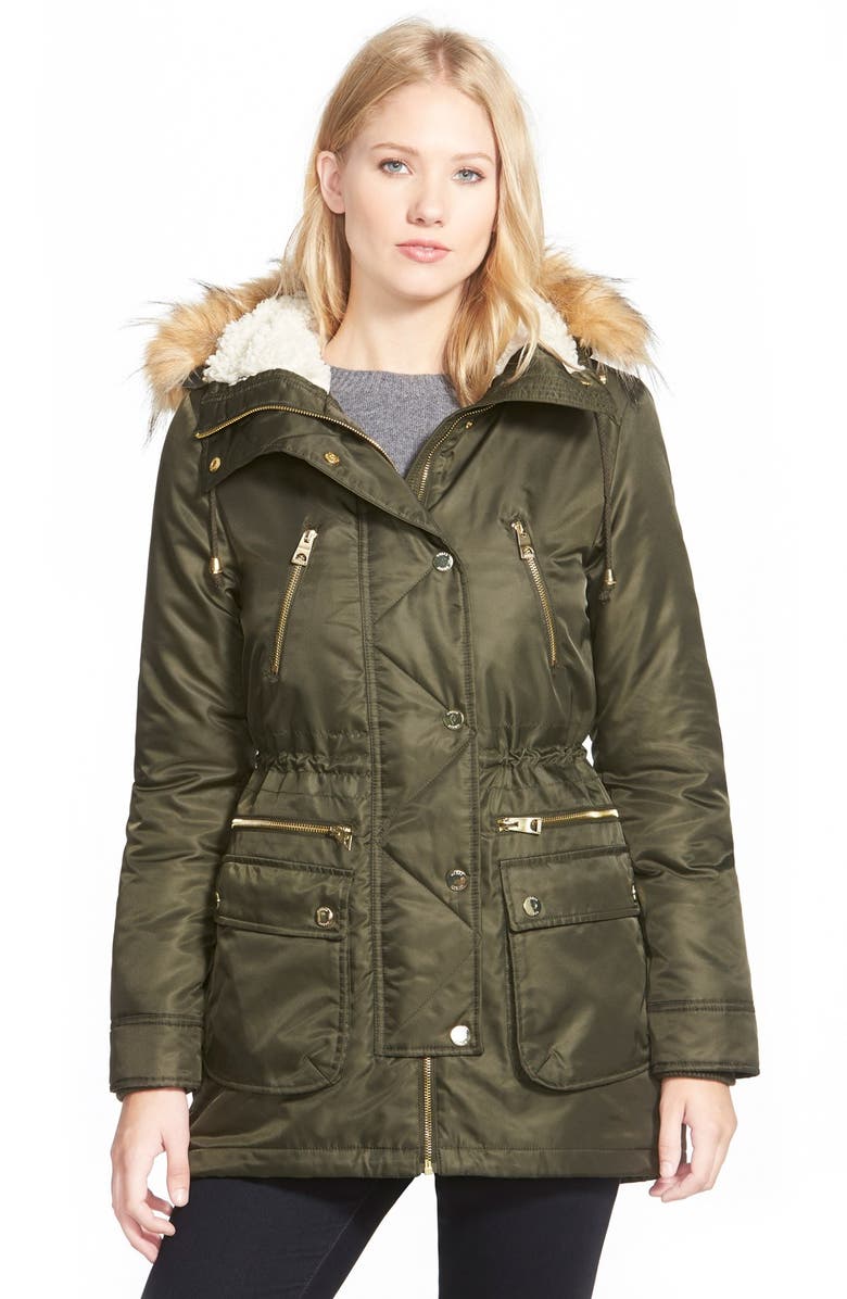 GUESS Hooded Satin Parka with Faux Fur Trim | Nordstrom