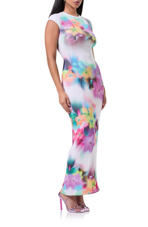 Shop Afrm Cody Print Cap Sleeve Mesh Maxi Dress In Blur Pansy