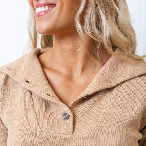 Hope & Henry Organic Wide Collar Belted Sweater Dress In Camel Heather