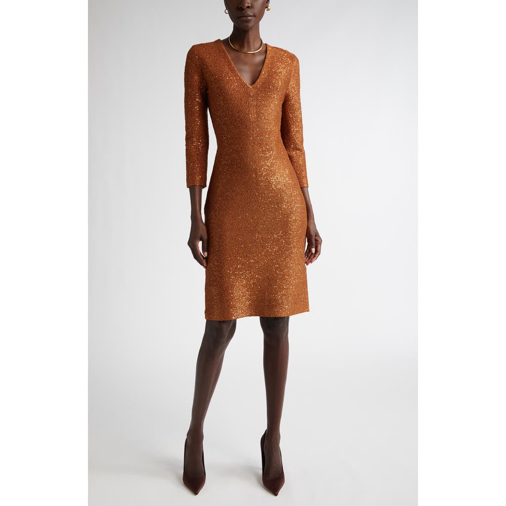 St. John Collection Sequin Metallic V-Neck Knit Dress in Copper