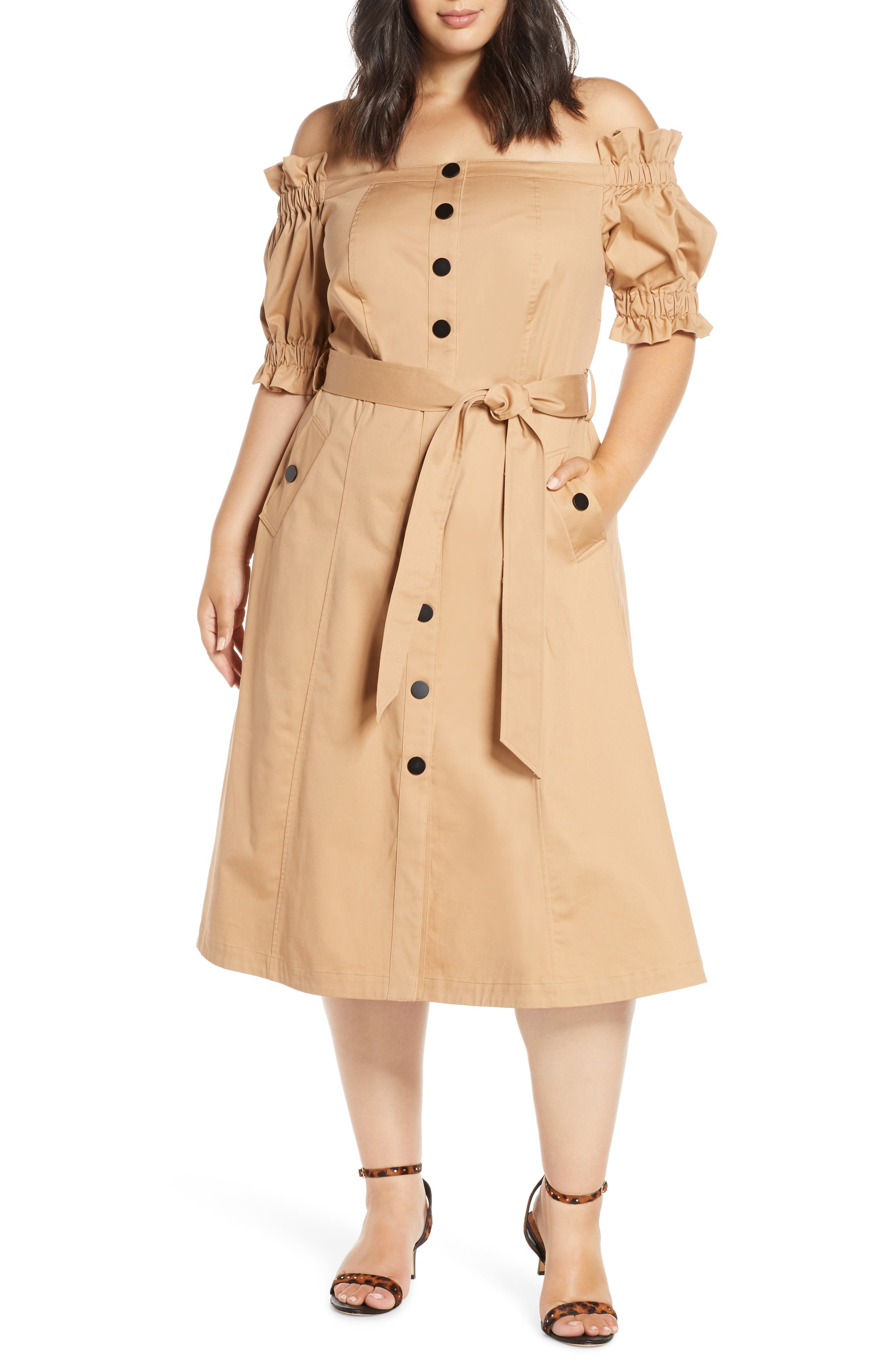 off the shoulder trench coat dress