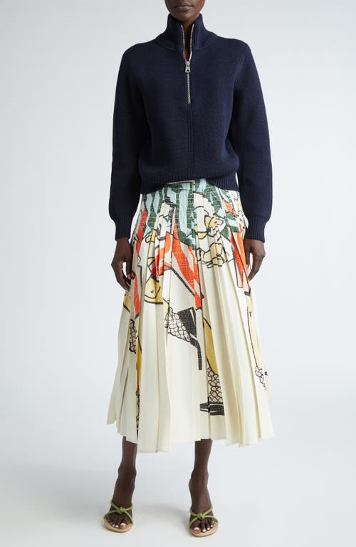 Shop Bottega Veneta Burattino Print Pleated Midi Skirt In Red/blue/chalk