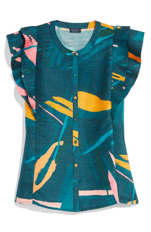 Flutter Sleeve Button-Up Top in Tropical-Blue