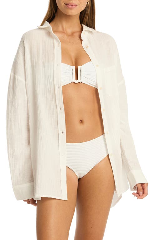 Sunset Beach Oversize Cotton Cover-Up Shirt in White