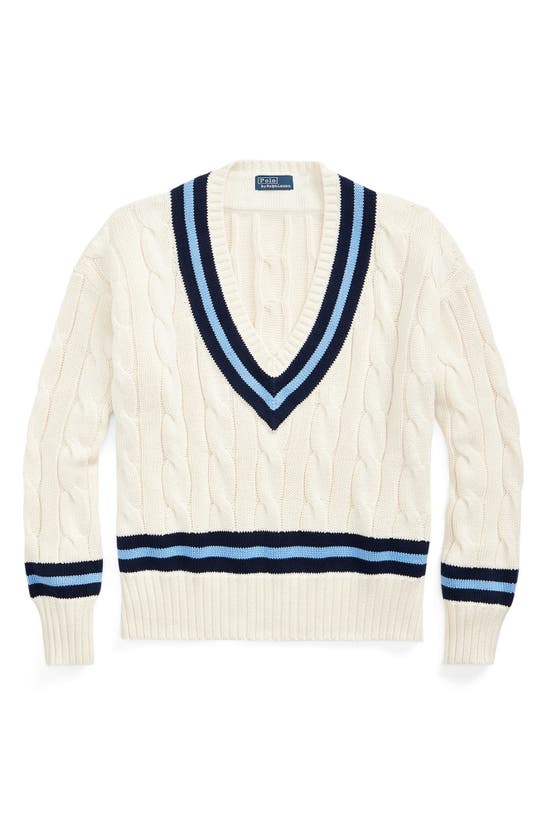 Shop Polo Ralph Lauren Cabled Cotton Cricket Sweater In Cream W/ Navy Stripe