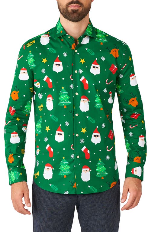 OppoSuits Festive Christmas Print Trim Fit Button-Up Shirt in Green