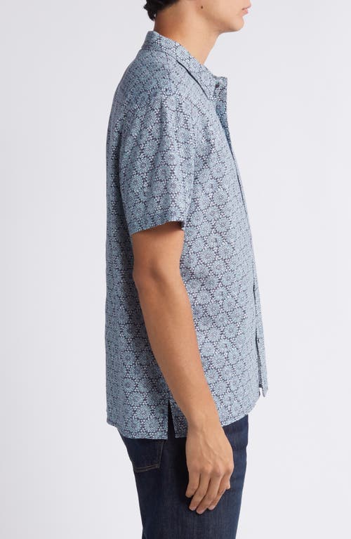 Shop Treasure & Bond Poetic Linen Blend Camp Shirt In Navy- Teal Poetic Print