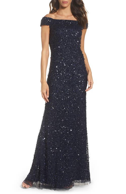 Sequin Mesh Gown in Navy