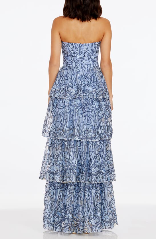 Shop Dress The Population Aubriella Beaded Floral Strapless Tiered Gown In Mineral Blue Multi