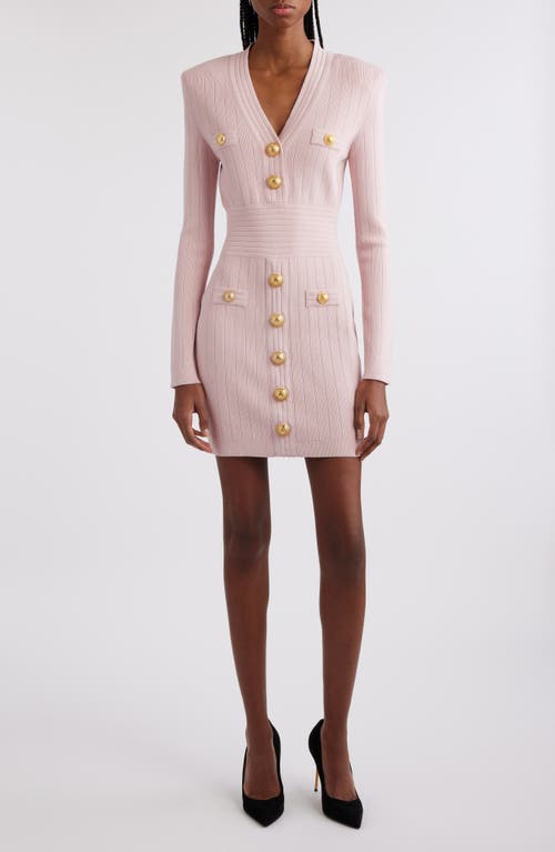 Shop Balmain Button Detail Long Sleeve Rib Sweater Dress In Light Pink