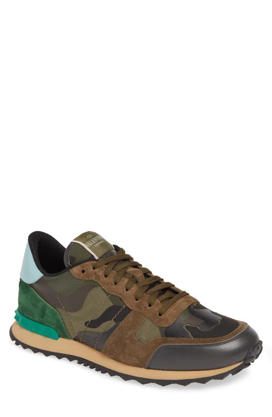 Valentino Garavani Camo Rockrunner Sneaker In Army Green/ Brown