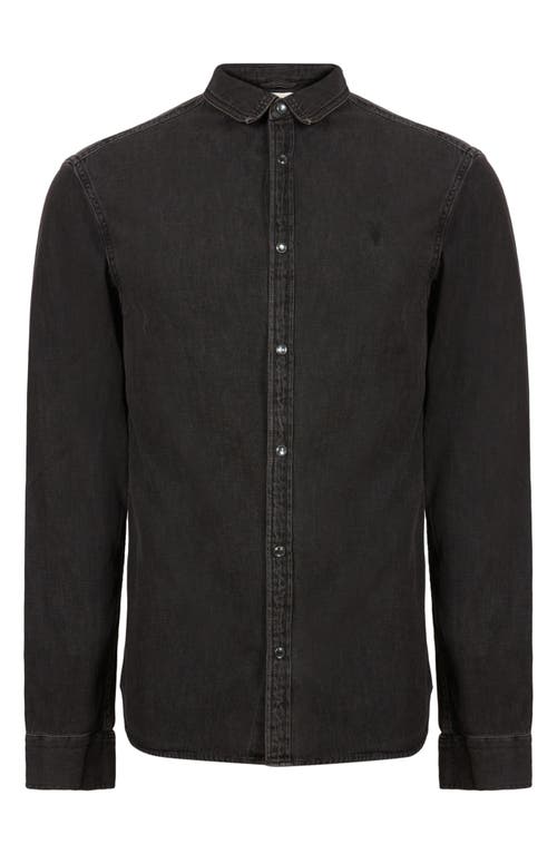 Allsaints Mens Black Bandol Resort-collar Long-sleeve Linen-blend Shirt Xxl In Grey