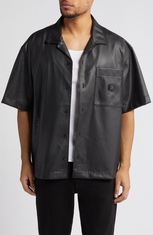Egeeno Oversize Short Sleeve Faux Leather Button-Up Shirt in Black