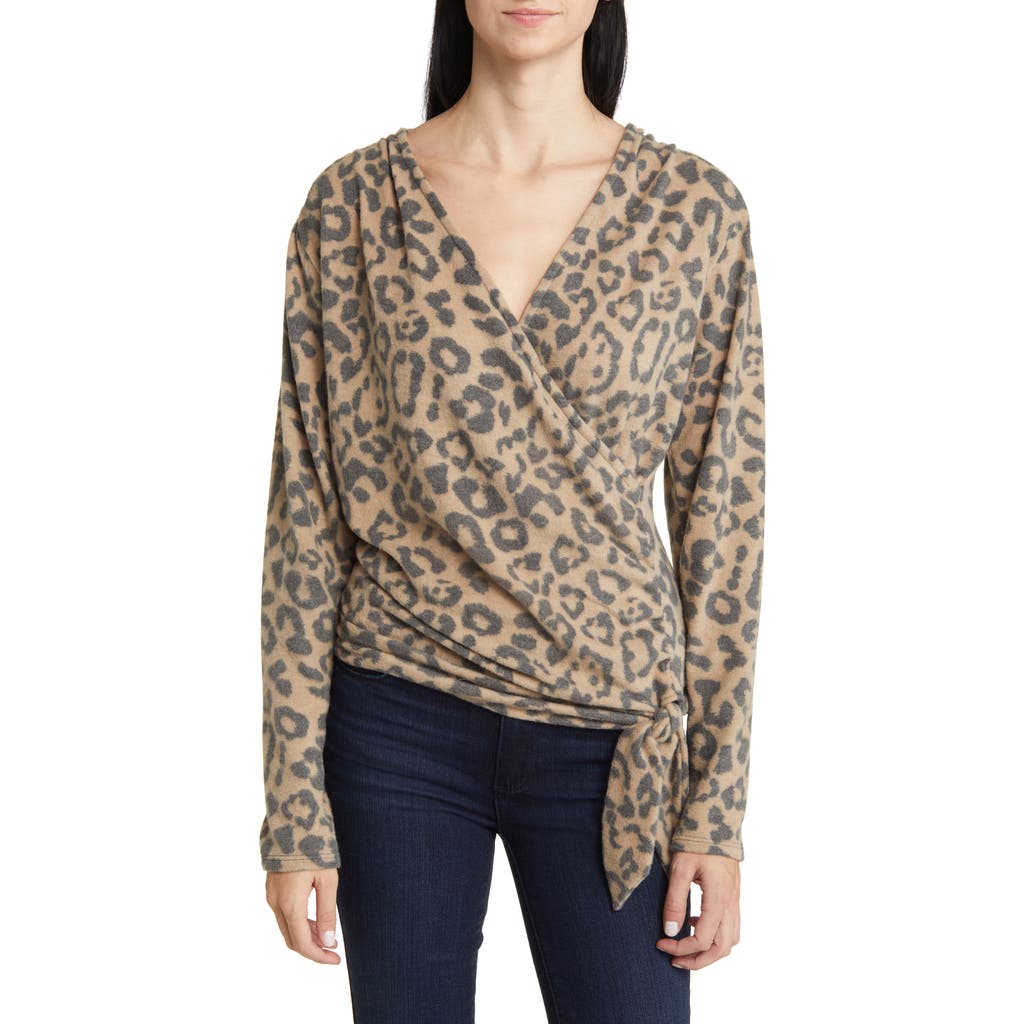 Loveappella Faux Tie Wrap Top In Camel/charcoal