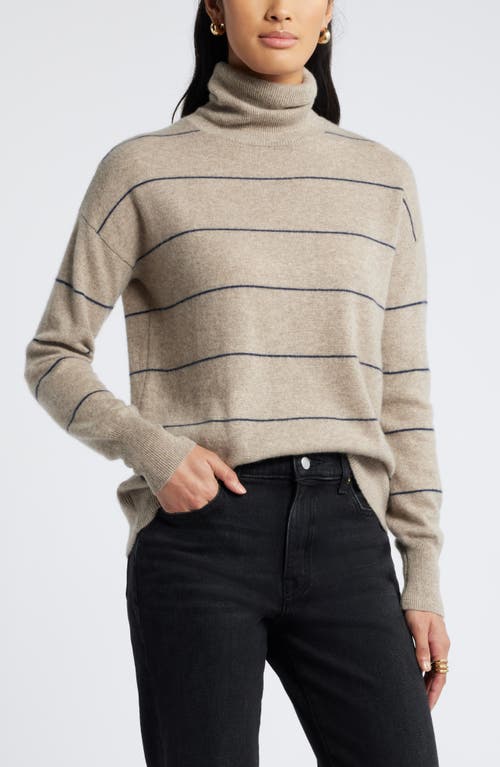 Shop Nordstrom Cashmere Turtleneck Sweater In Beige- Navy Spaced Stripe