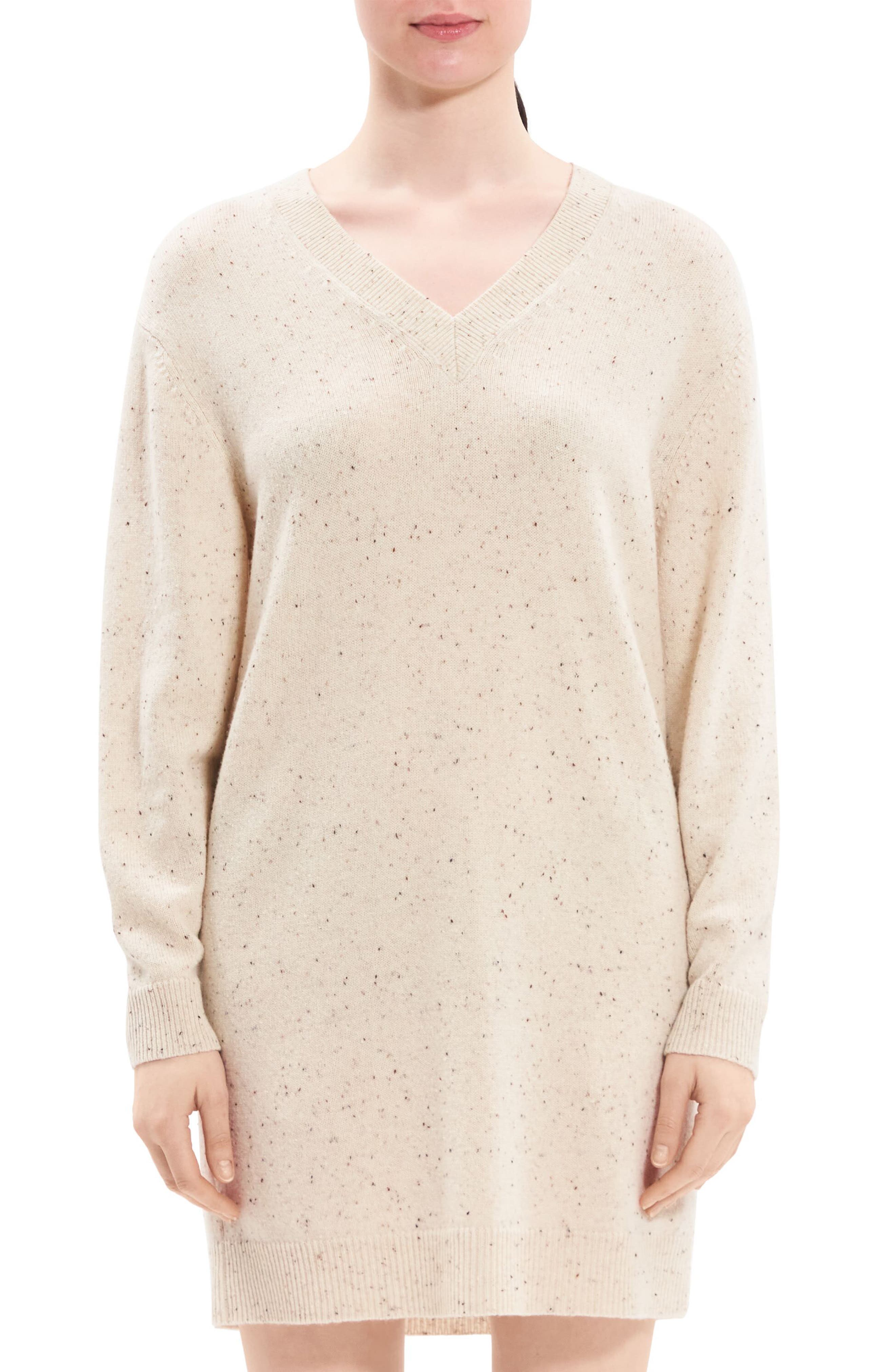 Theory Donegal Long Sleeve Wool Cashmere Sweater Dress in Cream