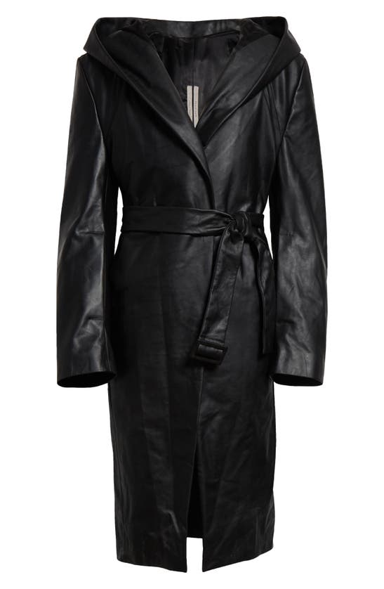 Shop Rick Owens Hooded Leather Wrap Coat In Black
