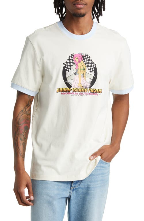 CONEY ISLAND PICNIC Auto Body Organic Cotton Graphic Ringer T-Shirt in Coconut
