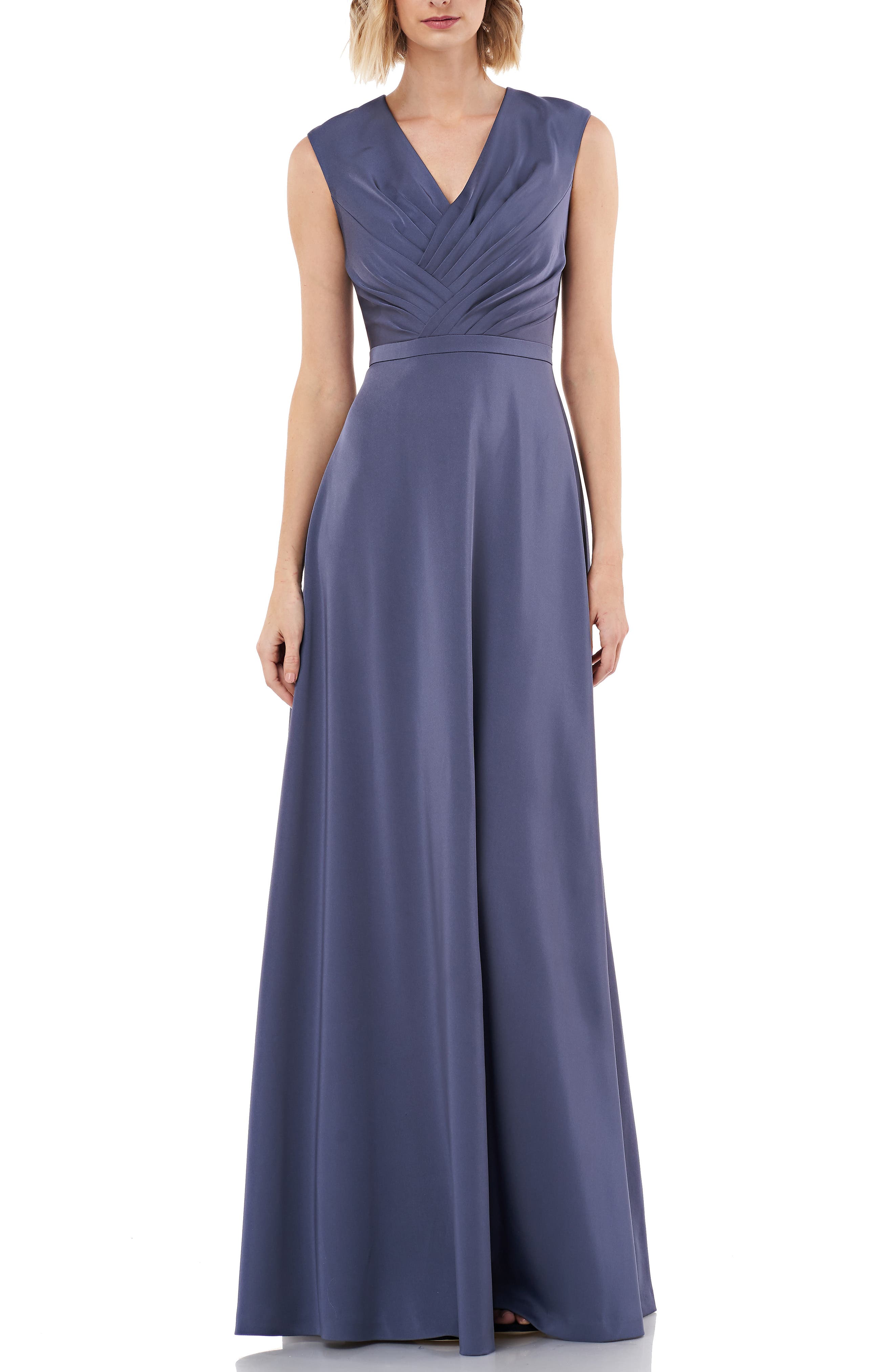 Kay Unger Pleated V-Neck Stretch Faille Gown, Blue