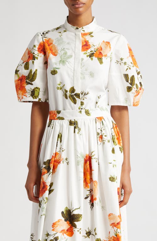 Volume Floral Print Puff Sleeve Button-Up Shirt in White
