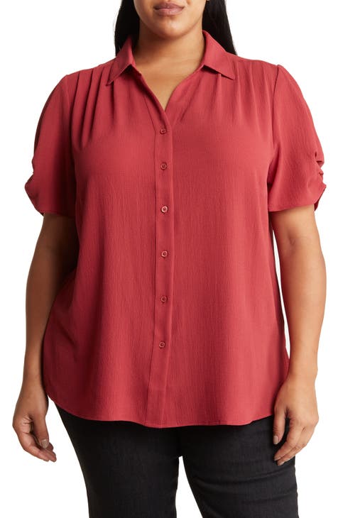 Red Collared Shirt, Plus Size Blouse for Women, Buttoned Shirt