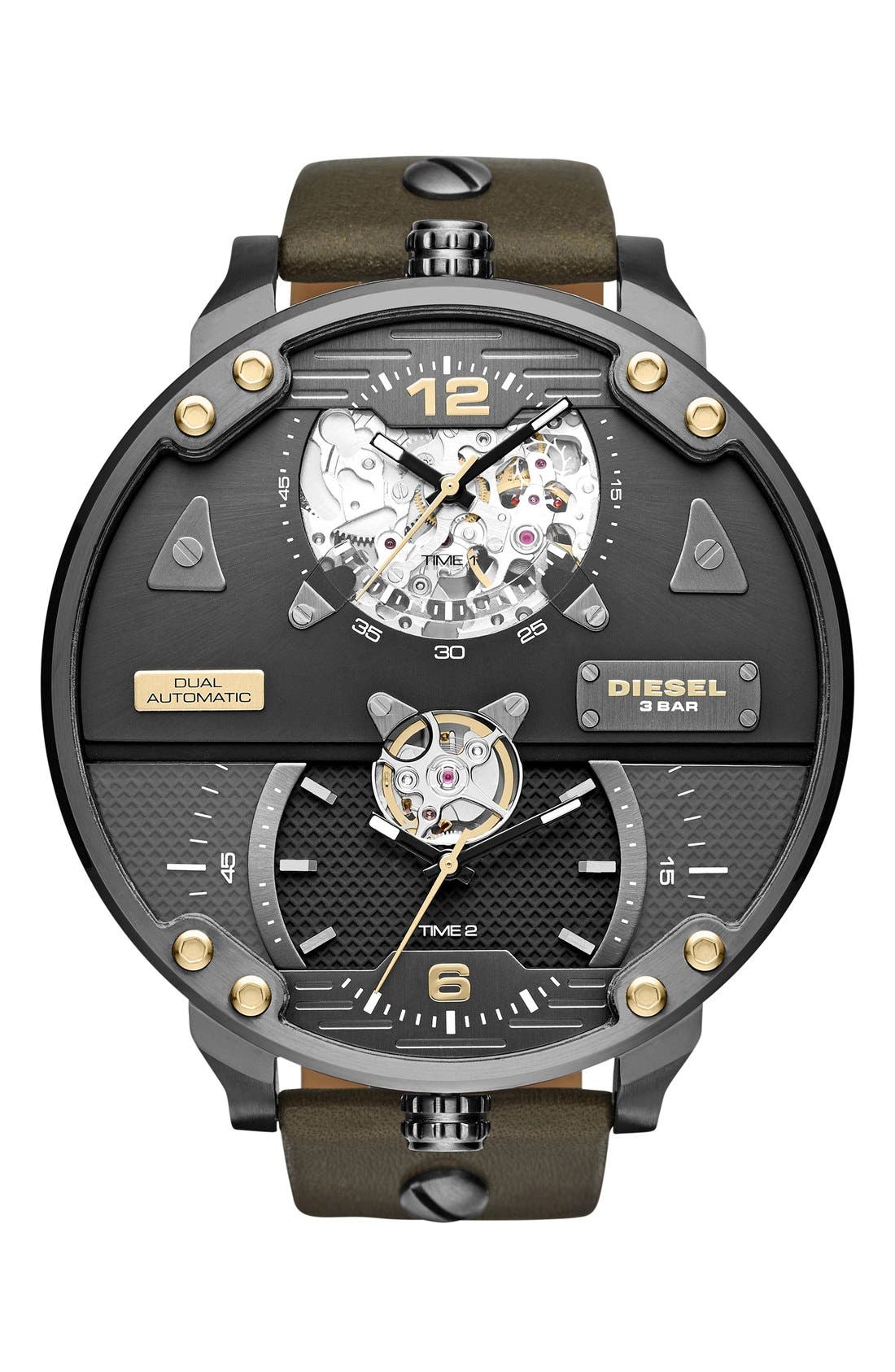 DIESEL® Dual Time Automatic Leather Strap Watch, 62mm Nordstrom