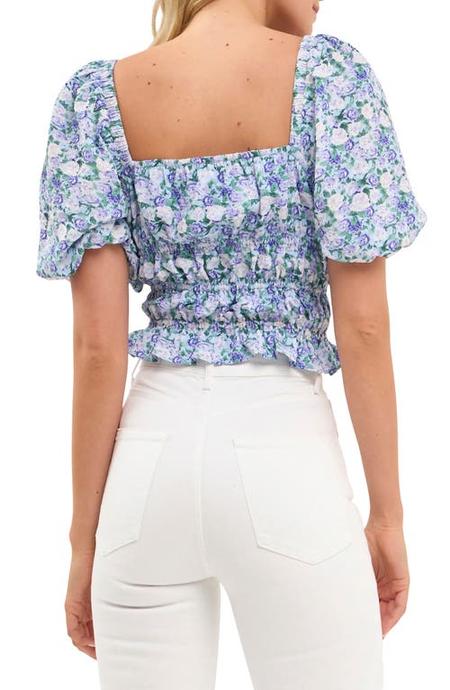 Shop English Factory Floral Shirred Puff Sleeve Crop Top In Blue/purple