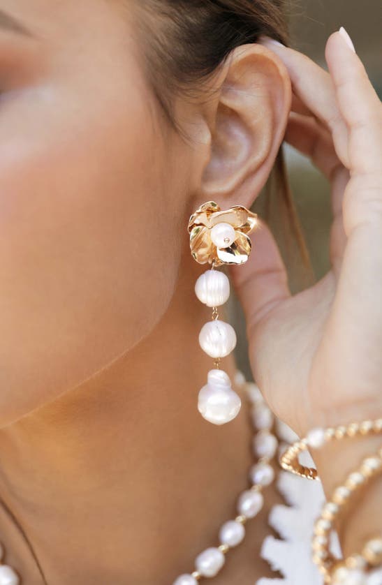 Shop Ettika Cultured Freshwater Pearl Drop Floral Earrings In Gold