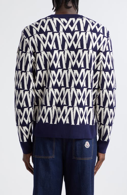 Shop Moncler Logo Jacquard Crewneck Sweater In Print M Allover White/navy