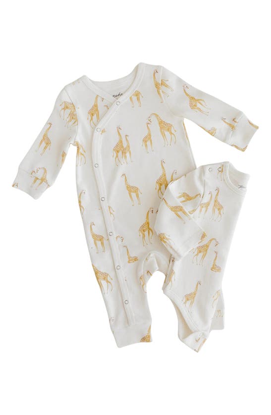 Shop Pehr Follow Me Giraffe Print Organic Cotton Romper In Yellow