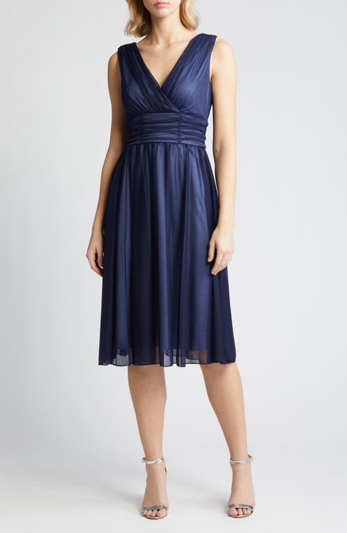 Chiffon Overlay Fit & Flare Dress in Navy/Slate
