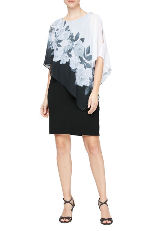 SL FASHIONS Floral Asymmetric Popover Capelet Sheath Dress Black Ivo at Nordstrom,