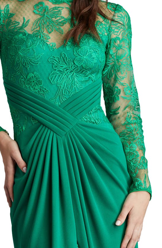 Shop Tadashi Shoji Floral Embroidery Long Sleeve Mixed Media Gown In Aloe Green