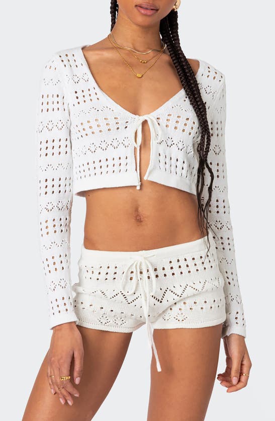 Edikted Betsy Open Stitch Tie Front Crop Cardigan In White
