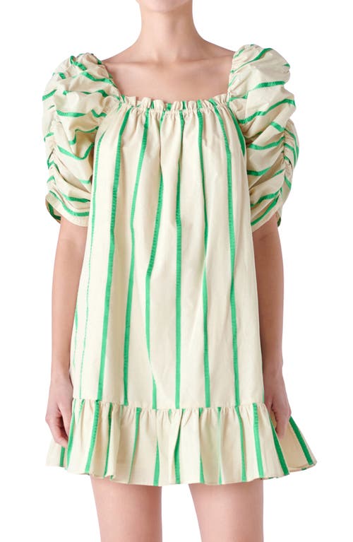 Shop English Factory Stripe Puff Sleeve Trapeze Dress In Beige/green