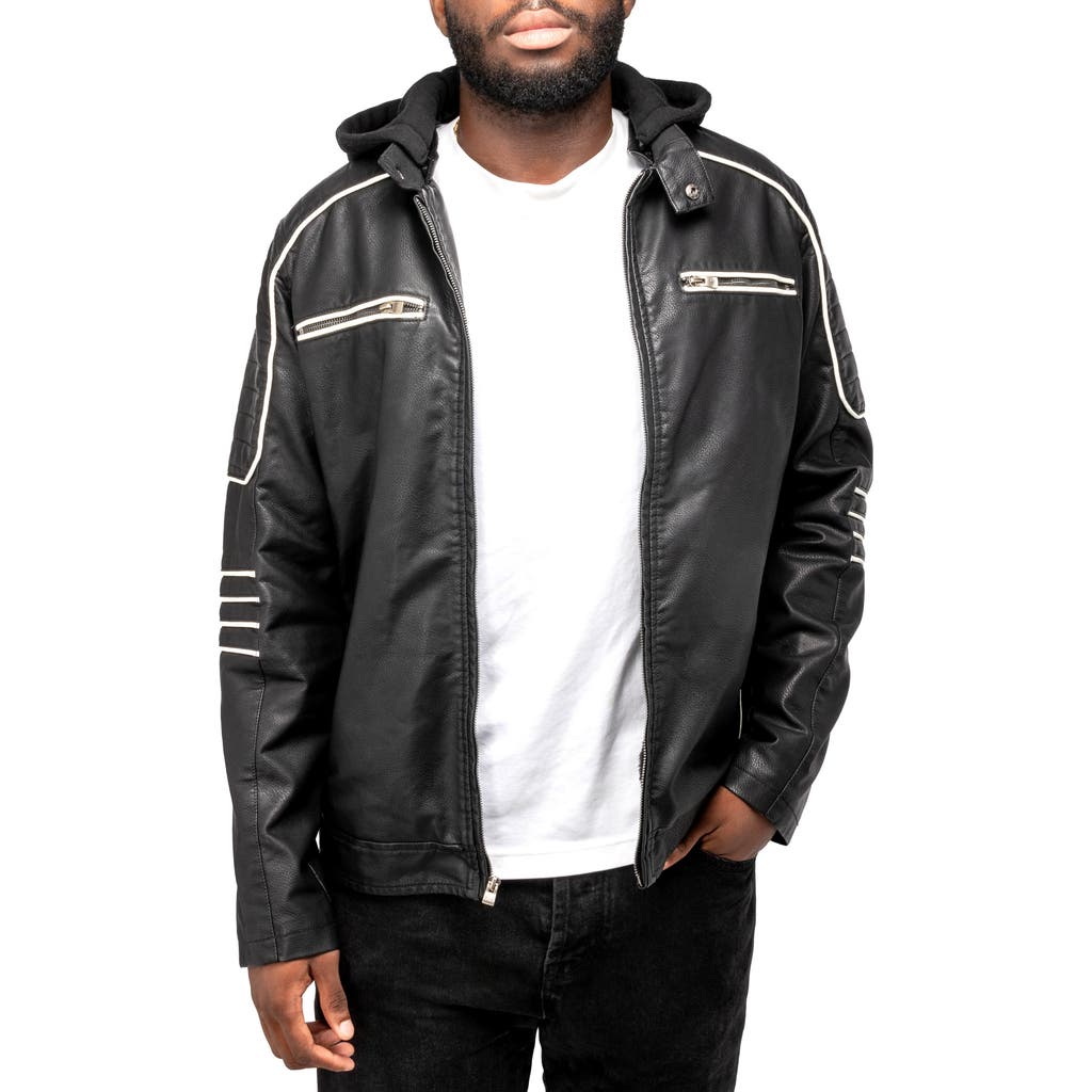 X-ray Faux Leather Hooded Moto Jacket With Faux Fur Lining In Black/white