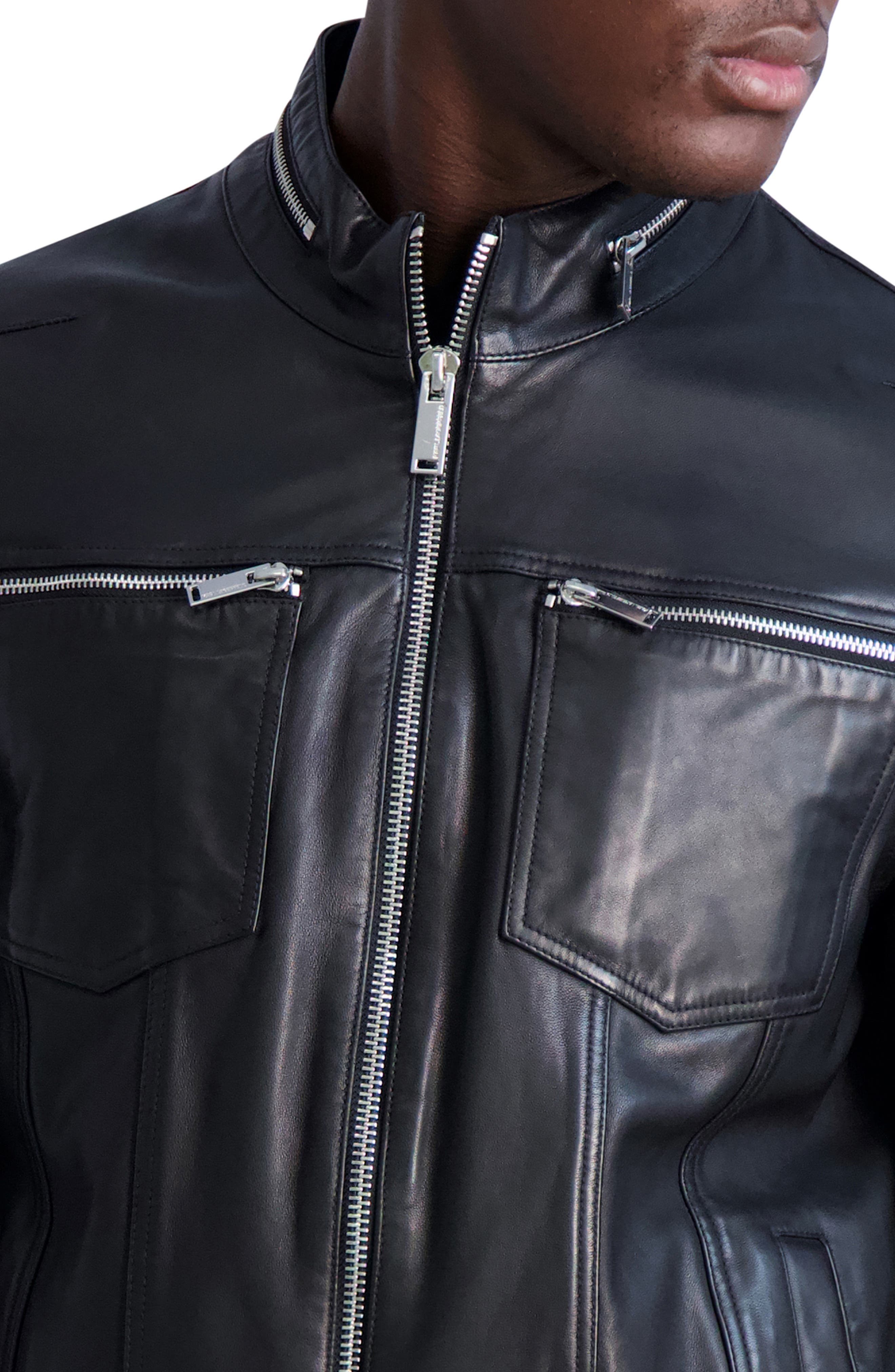 Karl Lagerfeld Paris Men's Exposed Zip Up Leather Jacket