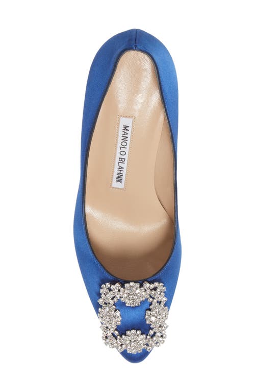 Shop Manolo Blahnik Hangisi 70mm Crystal Buckle Pump In Blue Satin Clear/buckle