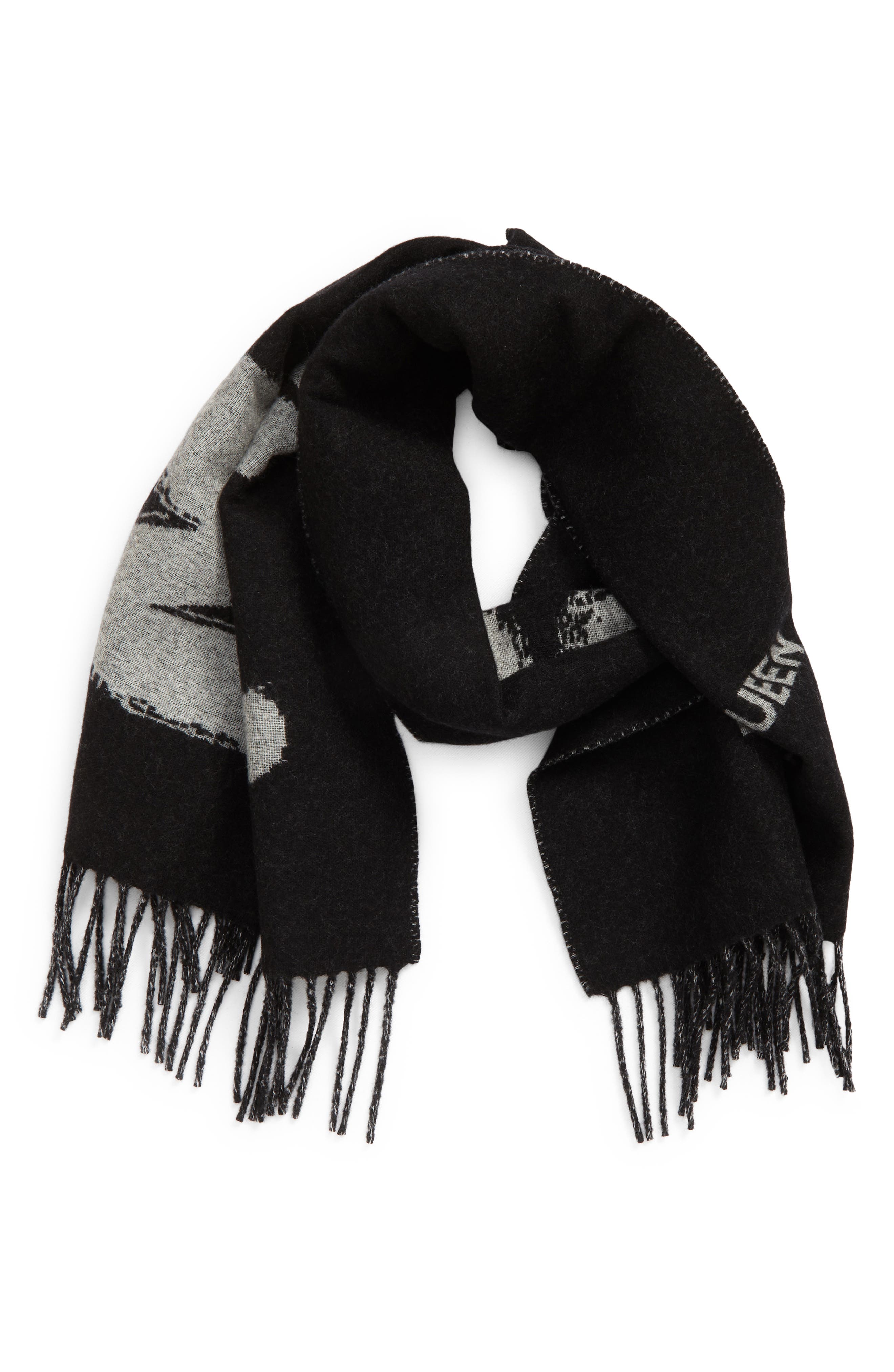 Alexander McQueen Allover Graffiti Wool Scarf in Black Womens Accessories Scarves and mufflers 