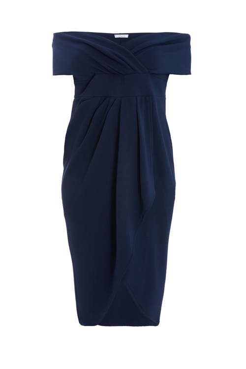 Quiz Plus Size Bardot Pleated Detail Midi Dress In Navy