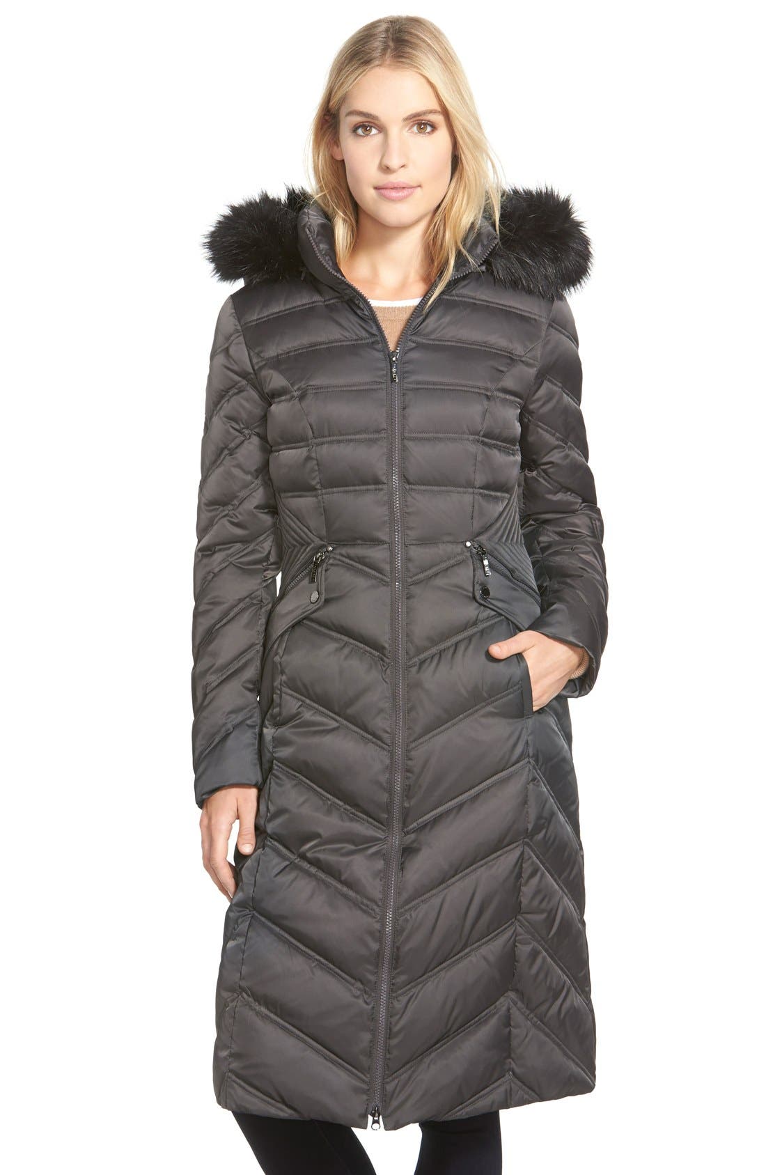 Laundry by Shelli Segal Faux Fur Trim Long Hooded Down /& Feather Fill Coat