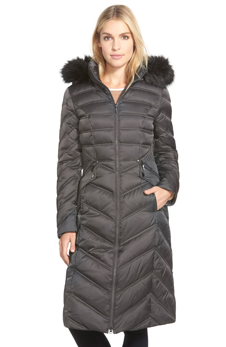Laundry by Shelli Segal Faux Fur Trim Long Hooded Down & Feather Fill ...