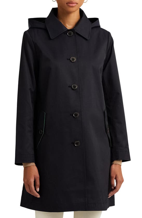 Shop Lauren Ralph Lauren Cotton Blend Coat With Removable Hood In Dark Navy