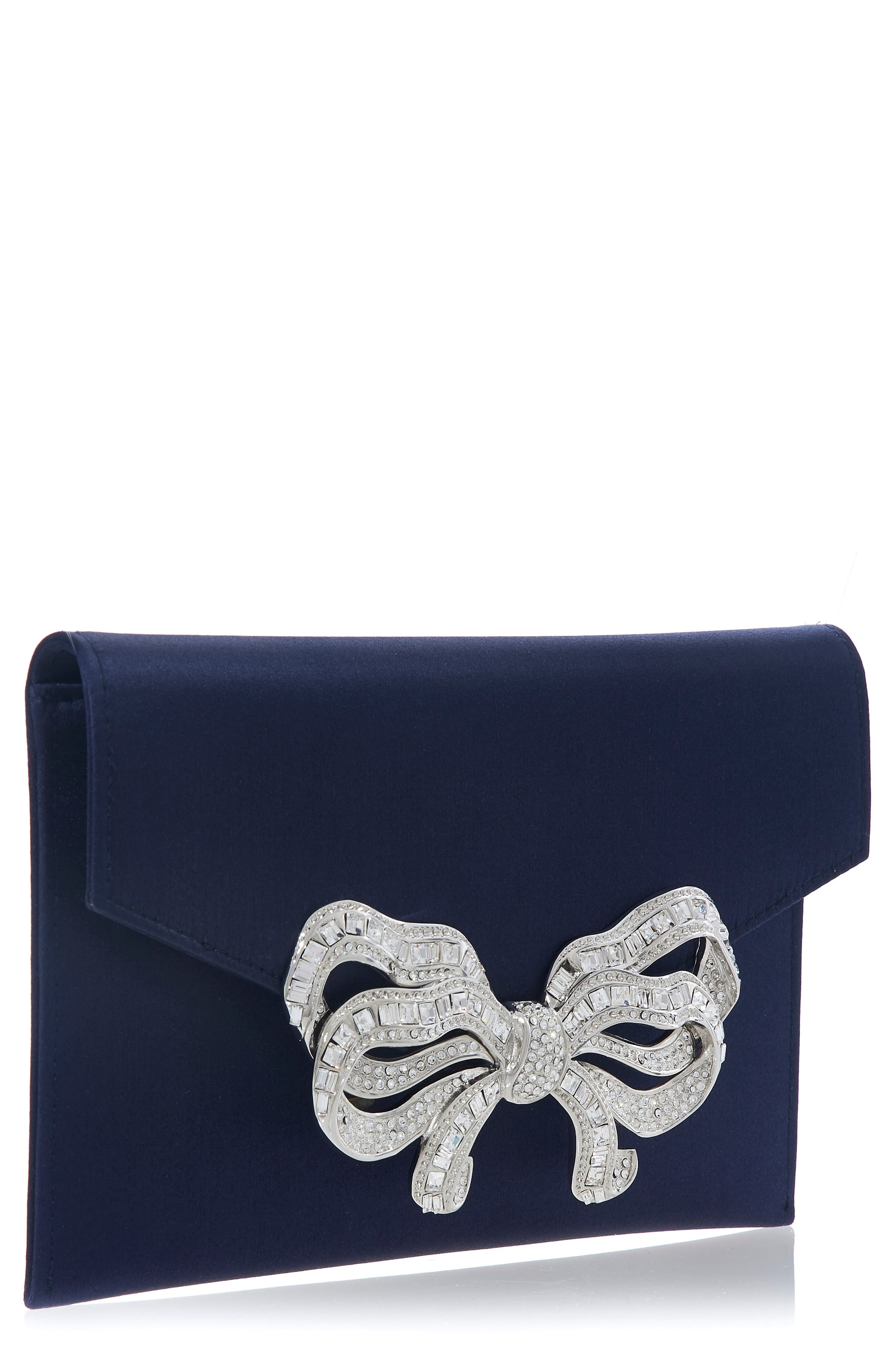 Judith Leiber Couture Crystal Bow Satin Envelope Clutch in Silver Navy