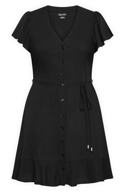 Shop City Chic Betty Flutter Sleeve Button Front Tie Waist Dress In Black