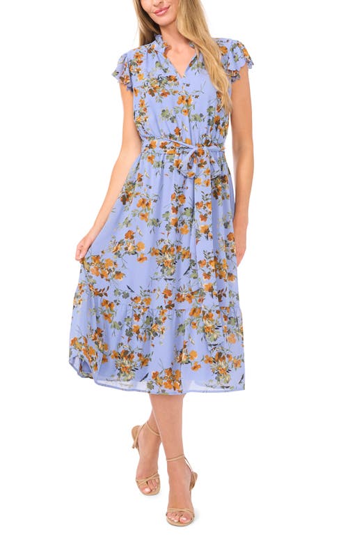 Shop Cece Floral Scallop Trim Chiffon Midi Dress In Blue Blossom