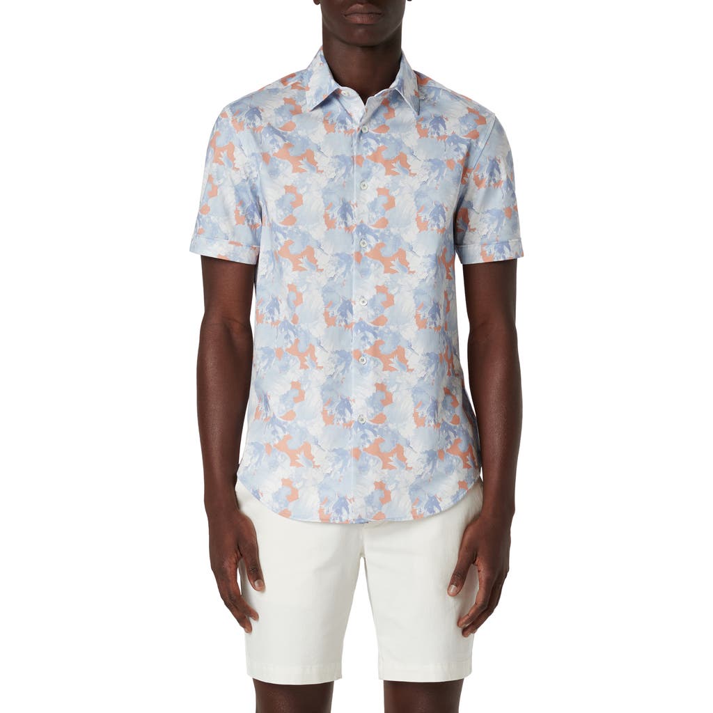 Bugatchi Miles Ooohcotton® Short Sleeve Button-up Shirt In Blue/coral