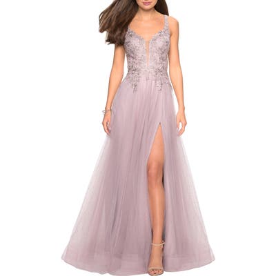 La Femme High Slit Tulle Evening Dress, Purple